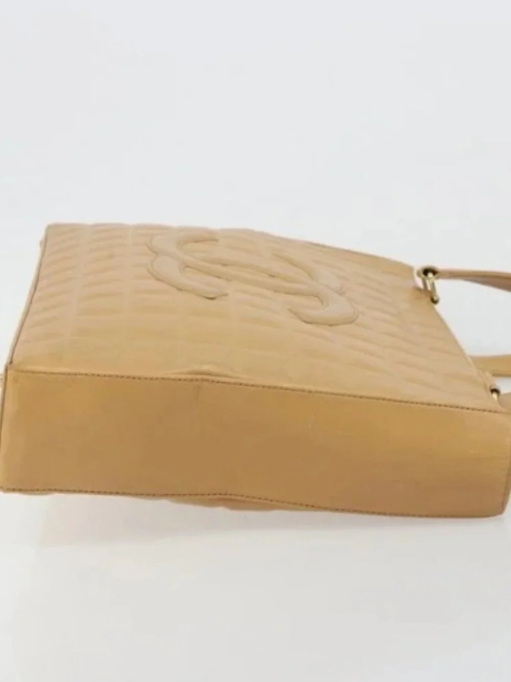CHANEL Choco Bar Tote Bag Lamb Skin Beige Gold CC Auth BA13309